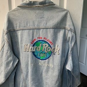 Hard Rock Cafe Jean jacket with  wear and tear size Xl for that baggy look